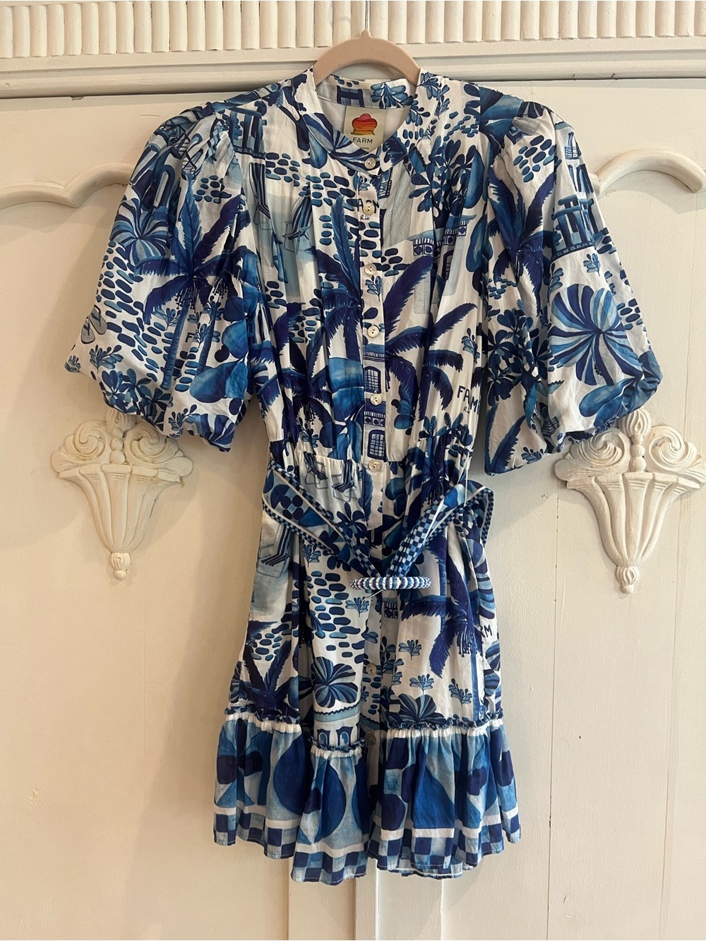 Farm Rio Sweet Rio dress beaded belt blue white puff sleeve s